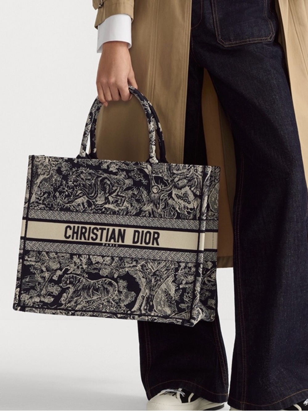 Authentic Christian Dior de jouy embroidery Black Toile large book Tote